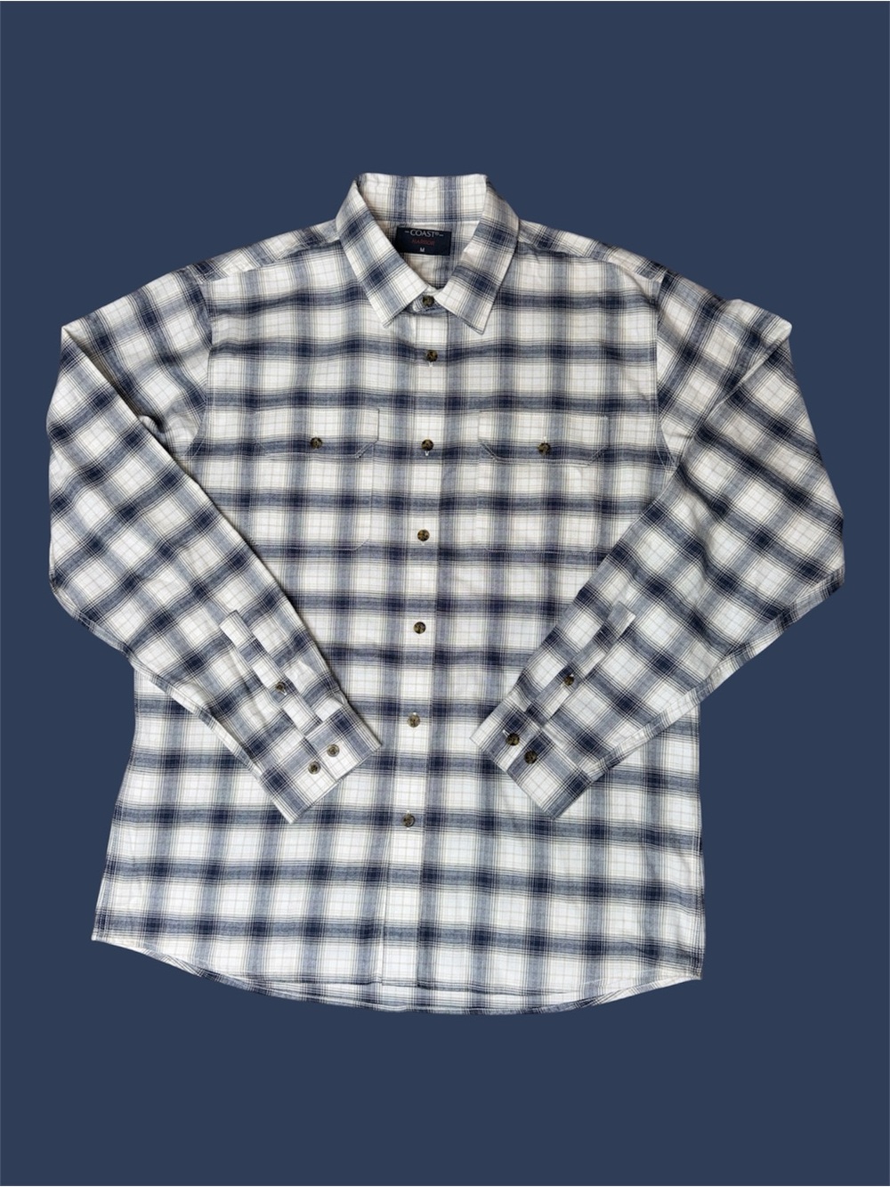 Coast Harbor Flannel Plaid Button-Down Shirt in Stone and Slate Blue - M